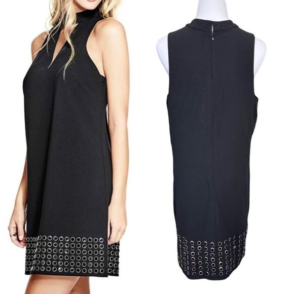 Guess Deetra Halter Aline Dress Keyhole Dress Black LARGE Embellished Preppy LBD - Picture 1 of 13